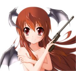 Rule 34 | 1girl, artist request, bad id, bad pixiv id, bat wings, breast hold, breasts, cleavage, covering privates, covering breasts, crossed arms, female focus, gun, handgun, head wings, highres, koakuma, long hair, midoriiro no shinzou, nude, nude cover, red eyes, red hair, revolver, slit pupils, solo, embodiment of scarlet devil, topless frame, touhou, trigger discipline, upper body, weapon, wings