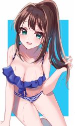 Rule 34 | 1girl, :d, alternate hairstyle, arm at side, bad id, bad pixiv id, bikini, bikini bottom only, blue bikini, breasts, brown hair, cleavage, green eyes, hair intakes, hand in own hair, idolmaster, idolmaster cinderella girls, large breasts, long hair, looking at viewer, misumi (macaroni), navel, open mouth, outside border, ponytail, shibuya rin, sidelocks, simple background, sitting, smile, solo, striped bikini, striped clothes, swimsuit, wet, wet hair