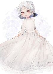 Rule 34 | 1girl, alternate costume, blush, dress, floral print, frilled dress, frills, glasses, grey hair, hirato (kancolle), kantai collection, long sleeves, one-hour drawing challenge, open mouth, red eyes, rimless eyewear, rose print, short hair, smile, solo, white background, white dress, yamashichi (mtseven)