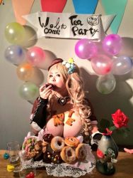 Rule 34 | 1girl, alice (alice in wonderland), asian, balloon, banner, blonde hair, breasts, brown eyes, candy, cookie, cupcake, doughnut, fat, flower, food, glass, hoshima mika, huge breasts, jewelry, necklace, photo (medium), rose, solo, vase