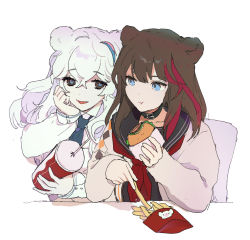 Rule 34 | 2girls, :t, animal ears, arknights, bear ears, bear girl, black collar, blue hair, blue necktie, brown hair, burger, chair, closed mouth, collar, cup, dal-gi, disposable cup, drinking straw, eating, food, french fries, hair between eyes, highres, holding, holding cup, holding food, long hair, long sleeves, multicolored hair, multiple girls, necktie, parted lips, pink hair, red hair, rosa (arknights), streaked hair, upper body, zima (arknights)