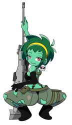 Rule 34 | 1girl, colored skin, cosplay, datwondoude, earrings, green hair, green skin, highres, jewelry, looking at viewer, looking back, quiet (metal gear), quiet (metal gear) (cosplay), rottytops, shantae (series), short hair, solo, torn clothes, zombie