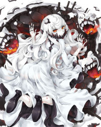 Rule 34 | 10s, 1girl, abyssal ship, ass, breasts, cannon, cleavage, colored skin, dress, high heels, horns, kantai collection, large breasts, long hair, looking at viewer, looking back, midway princess, mitu, monster, pale skin, red eyes, turret, veins, very long hair, white dress, white hair, white skin