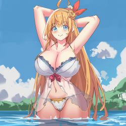 Rule 34 | 1girl, ahoge, arms behind head, arms up, bikini, blush, braid, breasts, cameltoe, cleavage, cloud, day, hair ornament, huge breasts, long hair, looking at viewer, navel, orange hair, outdoors, partially submerged, pecorine (princess connect!), pecorine (summer) (princess connect!), princess connect!, side braid, simplecar, solo, swimsuit, very long hair, water, white bikini