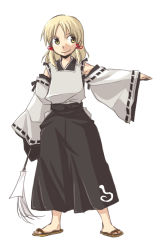 Rule 34 | 1girl, blonde hair, detached sleeves, gohei, japanese clothes, moriya suwako, outstretched arm, rex k, sandals, simple background, solo, touhou, zouri