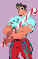 Rule 34 | bara, biceps, black hair, broad shoulders, candy, candy cane, christmas, facial hair, food, gloves, highres, large pectorals, looking at viewer, male focus, manly, mature male, muscular, muscular male, original, pants, pectoral cleavage, pectorals, shirt, smile, solo, spiked hair, stubble, t-shirt, thick arms, thick eyebrows, thick thighs, thighs, tight clothes, uleez, yellow eyes