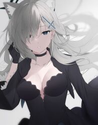 Rule 34 | 1girl, absurdres, animal ears, black choker, black dress, black gloves, blue archive, blue eyes, breasts, choker, cleavage, commentary, cross hair ornament, diamond-shaped pupils, diamond (shape), dress, expressionless, gloves, grey hair, hair ornament, hair over one eye, halo, hand up, highres, long hair, long sleeves, looking at viewer, medium breasts, parted lips, shiroko (blue archive), shiroko terror (blue archive), slit pupils, solo, symbol-shaped pupils, very long hair, wide sleeves, yuuki02