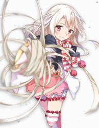 Rule 34 | 1girl, bandages, fate/kaleid liner prisma illya, fate (series), illyasviel von einzbern, kaleidostick, light smile, long hair, magical ruby, pom pom (clothes), red eyes, scarf, solo, staff, striped clothes, striped legwear, striped thighhighs, thighhighs, tsuezu, white hair