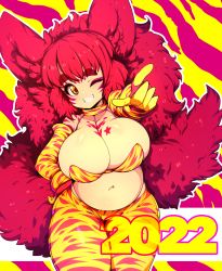 Rule 34 | 1girl, 2022, absurdres, animal ears, animal print, breasts, chinese zodiac, choker, cleavage, clenched teeth, gloves, highres, large breasts, long hair, looking at viewer, navel, nellko agogo, one eye closed, original, red hair, red legwear, slugbox, smile, solo, tail, teeth, thick eyebrows, tiger print, two-tone background, two-tone legwear, year of the tiger, yellow background, yellow choker, yellow eyes, yellow gloves, yellow legwear