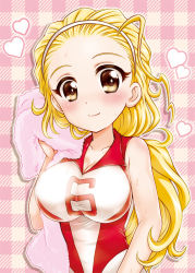 Rule 34 | 10s, 1girl, blonde hair, breasts, brown eyes, checkered background, cleavage, closed mouth, commentary request, girls und panzer, hair pulled back, hairband, heart, holding, holding towel, kuromori yako, large breasts, long hair, looking at viewer, pink background, pink towel, red shirt, sasaki akebi, shirt, short hair, sleeveless, sleeveless shirt, smile, solo, sportswear, standing, sweat, towel, upper body, volleyball uniform, white hairband
