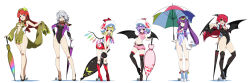Rule 34 | 6+girls, :d, alternate costume, bare hips, bare legs, bat wings, between breasts, blonde hair, blue eyes, blush, boots, braid, breasts, chinese clothes, cleavage, cleavage cutout, closed umbrella, clothing cutout, covered navel, crescent, crossed legs, demon wings, detached sleeves, double bun, female focus, flandre scarlet, flat chest, floating, floating object, groin, hair bun, hair ribbon, hat, head wings, high heels, highleg, highleg leotard, holding, hong meiling, hyouju issei, izayoi sakuya, koakuma, large breasts, legs, leotard, long hair, long image, looking at viewer, maid, maid headdress, midriff, multiple girls, navel, necktie, no headwear, open mouth, outstretched arm, outstretched hand, patchouli knowledge, planted, planted umbrella, pointy ears, purple eyes, purple hair, race queen, red eyes, red hair, remilia scarlet, revision, ribbon, scarf, shoes, short hair, shorts, silver hair, simple background, skin tight, smile, standing, star (symbol), striped, thigh boots, thighhighs, touhou, twin braids, umbrella, vertical stripes, watson cross, white background, wide image, wings, wrist cuffs, yellow eyes