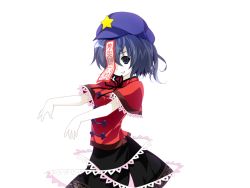 Rule 34 | 1girl, beret, blouse, blue eyes, blue hair, chinese clothes, female focus, game cg, hat, matching hair/eyes, miyako yoshika, ofuda, outstretched arms, red shirt, riv (rivleaf), shirt, short hair, short sleeves, smile, solo, star (symbol), touhou, transparent background, zombie pose