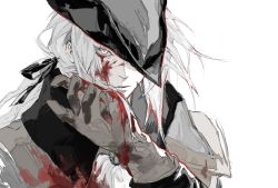 Rule 34 | 1girl, ascot, blood, blood on clothes, blood on face, bloodborne, bonnet, brooch, coat, gloves, hat, highres, jewelry, jiao chang, lady maria of the astral clocktower, looking at viewer, ponytail, tricorne, upper body, white background, white hair