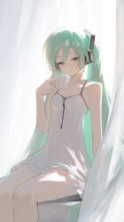 Rule 34 | 1girl, absurdres, aqua eyes, aqua hair, backlighting, bare arms, breasts, cleavage, collarbone, commentary, cup, curtains, dress, feet out of frame, hair ornament, half-closed eyes, hatsune miku, headphones, highres, holding, holding cup, jiu ye sang, last night good night (vocaloid), long hair, looking down, parted lips, sitting, small breasts, solo, spaghetti strap, teacup, twintails, very long hair, vocaloid, white dress