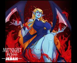 1girl alternate_costume alternate_hair_length alternate_hairstyle arms_up aura bare_legs bare_shoulders blonde_hair blue_dress blue_skin bracelet breasts capcom colored_extremities colored_skin commentary darkstalkers dress english_commentary english_text eyeshadow genderswap genderswap_(mtf) hand_on_another&#039;s_ass hands_up ian_samson jedah_dohma jewelry knee_up legs lipstick long_eyebrows long_hair looking_at_viewer makeup midnight_bliss nail_polish official_alternate_costume official_alternate_hair_length official_alternate_hairstyle pointy_ears purple_eyeshadow red_eyes red_hands red_lips red_nails sitting thick_thighs thighs wings