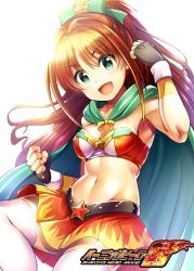 Rule 34 | 1girl, :d, armpits, black gloves, bow, bra, breasts, brown hair, character request, cleavage, cloak, fingerless gloves, floating hair, gloves, green bow, green cloak, green eyes, hair between eyes, hair bow, hair ornament, head tilt, heart, heart hair ornament, high ponytail, highres, hino akane (idolmaster), idolmaster, idolmaster cinderella girls, long hair, looking at viewer, medium breasts, ment, midriff, miniskirt, navel, open mouth, pleated skirt, print skirt, red skirt, simple background, skirt, smile, solo, stomach, strapless, strapless bra, thighhighs, underwear, very long hair, white background, white thighhighs, zettai ryouiki