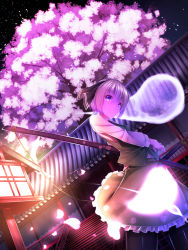 Rule 34 | 1girl, architecture, bad id, bad pixiv id, black pantyhose, cherry blossoms, dress, dress shirt, dutch angle, east asian architecture, fighting stance, from below, hair ribbon, hairband, highres, konpaku youmu, konpaku youmu (ghost), long sleeves, looking away, pantyhose, purple eyes, ready to draw, rerrere, ribbon, scabbard, sheath, sheathed, shirt, short hair, silver hair, solo, standing, sword, touhou, vest, weapon