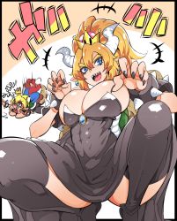 Rule 34 | 1boy, 1girl, :d, ass, black dress, black nails, black thighhighs, blonde hair, blue eyes, bowsette, breasts, cleavage, dress, earrings, highres, horns, jewelry, large breasts, looking at viewer, mario, mario (series), nac000, nail polish, nintendo, open mouth, pointy ears, ponytail, sharp teeth, sleeveless, sleeveless dress, smile, squatting, teeth, thighhighs, turtle shell