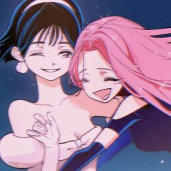 Rule 34 | 2girls, alien stage, black gloves, black hair, black shirt, blue background, closed eyes, crying, dress, gloves, highres, holding hands, long hair, mizi (alien stage), multiple girls, night, night sky, one eye closed, open mouth, pink dress, pink hair, poncoxi, purple eyes, retro artstyle, shirt, short hair, sky, smile, star (sky), starry sky, sua (alien stage), teeth, yuri