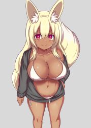 Rule 34 | 1girl, animal ear fluff, animal ears, bikini, bikini under clothes, blonde hair, blush, breasts, bright pupils, cleavage, cropped legs, dark-skinned female, dark skin, fox ears, fox tail, from above, grey background, hair between eyes, hand on own hip, highres, jacket, large breasts, long hair, looking at viewer, nav (itsnav), navel, off shoulder, open clothes, open jacket, original, red eyes, smile, solo, swimsuit, swimsuit under clothes, tail, track jacket, unzipped, white bikini