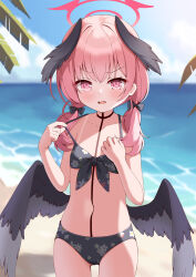 Rule 34 | 1girl, azel (laevateinn495), beach, bikini, bikini top pull, black bikini, black wings, blue archive, blue sky, blurry, blush, breasts, cloud, cloudy sky, commentary request, cowboy shot, day, depth of field, feathered wings, floral print, front-tie bikini top, front-tie top, halo, hands up, head wings, highres, koharu (blue archive), koharu (swimsuit) (blue archive), long hair, looking at viewer, low twintails, low wings, ocean, official alternate costume, open mouth, outdoors, pink eyes, pink hair, pink halo, print bikini, sky, small breasts, solo, standing, swimsuit, tattoo, twintails, wings