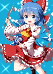 Rule 34 | 1girl, ascot, black footwear, blue background, blue eyes, blue hair, bow, circled 9, cirno, collarbone, cosplay, detached sleeves, frilled bow, frilled skirt, frills, gohei, hair between eyes, hair bow, hakurei reimu, hakurei reimu (cosplay), highres, holding, ice, ice wings, leg up, light particles, looking at viewer, nontraditional miko, ofuda, open mouth, red bow, red ribbon, red shirt, ribbon, ribbon-trimmed skirt, ribbon-trimmed sleeves, ribbon trim, ruu (tksymkw), shirt, short hair, skirt, smile, solo, star (sky), touhou, v-shaped eyebrows, white legwear, white ribbon, wide sleeves, wings, yellow ascot