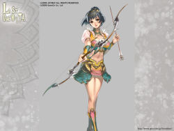 Rule 34 | 1girl, arrow (projectile), black hair, boots, bow (weapon), full body, knee boots, looking at viewer, midori foo, midriff, navel, short hair, solo, standing, stomach, weapon