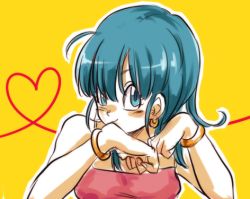 Rule 34 | 1girl, aqua eyes, aqua hair, bare arms, bare shoulders, blush, bracelet, bulma, dragon ball, earrings, female focus, hand on own chin, hands up, heart, jewelry, looking at viewer, lowres, pink shirt, shirt, short hair, simple background, smile, solo, solo focus, strapless, tkgsize, tube top, upper body, yellow background