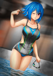 Rule 34 | 1girl, blue hair, competition swimsuit, erkaz, goggles, highres, one-piece swimsuit, one eye closed, original, red eyes, rina atherina, short hair, solo, swimsuit, wading, wet, wink