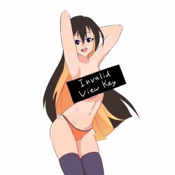 Rule 34 | 1girl, animated, animated gif, arms behind head, arms up, bar censor, black eyes, black hair, black thighhighs, bouncing breasts, breasts, censored, collarbone, dancing, large breasts, long hair, looking at viewer, me!me!me!, me!me!me! dance (meme), monero-chan, multicolored hair, navel, open mouth, orange hair, orange panties, panties, side-tie panties, smile, soandnb, teeth, thighhighs, topless, two-tone hair, underwear, white background
