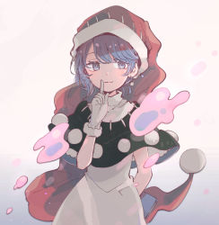 Rule 34 | 1girl, arm behind back, asymmetrical bangs, blue eyes, blue hair, book, capelet, commentary request, cowboy shot, doremy sweet, dream soul, dress, earrings, eyebrows hidden by hair, gloves, gradient background, hand up, hat, holding, holding book, index finger raised, jewelry, mozukuzu (manukedori), nightcap, pom pom (clothes), red hat, short hair, simple background, solo, touhou, white dress, white gloves