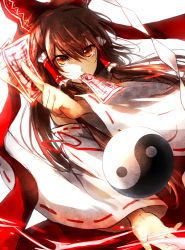 Rule 34 | 1girl, ascot, between fingers, bow, brown eyes, brown hair, cowboy shot, detached sleeves, female focus, frown, hair between eyes, hair bow, hair tubes, hakurei reimu, holding, japanese clothes, long hair, looking at viewer, miko, mouth hold, ofuda, outstretched arm, red bow, red ribbon, ria (rilpoppo), ribbon, ribbon trim, serious, shide, solo, touhou, white background, wide sleeves, yin yang