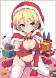 Rule 34 | 1girl, arm under breasts, bikini, blonde hair, blue eyes, blush, boots, braid, breasts, capelet, christmas, cleavage, criss-cross halter, darjeeling (girls und panzer), elbow gloves, fur-trimmed boots, fur-trimmed gloves, fur trim, gift, girls und panzer, gloves, halterneck, highres, holding own arm, hood, hood up, hooded capelet, kasai shin, looking at viewer, red bikini, red capelet, red footwear, santa costume, short hair, sidelocks, sitting, skindentation, smile, sweatdrop, swimsuit, thighhighs, wariza, white thighhighs
