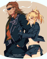 Rule 34 | 1boy, 1girl, artist name, belt, black belt, black gloves, black jacket, black shorts, blonde hair, braid, breasts, brown hair, cigarette, commentary request, crop top, cropped legs, facial hair, fate/apocrypha, fate (series), glasses, gloves, goatee, green eyes, grin, hair ornament, hair scrunchie, highres, jacket, leather, leather jacket, long hair, meiji ken, midriff, mordred (fate), mordred (fate/apocrypha), navel, open clothes, ponytail, red-framed eyewear, red scrunchie, scrunchie, shirt, shishigou kairi, shorts, small breasts, smile, smoking, stomach, sunglasses