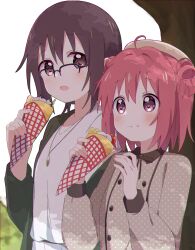 Rule 34 | 2girls, :t, absurdres, ahoge, akaza akari, bespectacled, black-framed eyewear, brown eyes, brown hair, casual, collarbone, commentary request, crepe, double bun, food, food on face, funami yui, glasses, green jacket, hair bun, hair intakes, height difference, highres, holding, holding food, jacket, jewelry, mesushio, multiple girls, necklace, open mouth, polka dot, purple eyes, red hair, short hair, upper body, yuru yuri