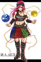 Rule 34 | 1girl, abs, adapted costume, belt, belt boots, black footwear, boots, breasts, chain, collar, cross, earrings, earth (ornament), hecatia lapislazuli, high heel boots, high heels, highres, inverted cross, jewelry, knee boots, large breasts, leather, leather boots, long hair, moon (ornament), muscular, muscular female, off shoulder, orb, pointy ears, purple eyes, purple hair, red hair, ryuuichi (f dragon), skirt, smile, solo, toned, touhou