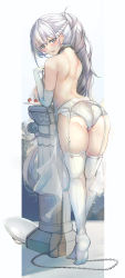Rule 34 | 1girl, absurdres, apron, ass, azur lane, back, belfast (azur lane), blue eyes, blush, braid, breasts, chain, collar, elbow gloves, food, french braid, fruit, full body, garter belt, garter straps, gloves, highres, large breasts, legs, long hair, looking at viewer, looking back, metal collar, open mouth, panties, plate, ponytail, simple background, smile, solo, strawberry, thighhighs, underwear, white apron, white background, white gloves, white hair, white panties, white thighhighs, yusha m
