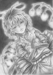 Rule 34 | 1girl, baten (gei-vorugu), blouse, brooch, capelet, doll joints, dutch angle, flower, graphite (medium), greyscale, hair ribbon, high collar, highres, jewelry, joints, lily of the valley, looking at viewer, medicine melancholy, monochrome, parted lips, puffy short sleeves, puffy sleeves, ribbon, shirt, short hair, short sleeves, skirt, solo, touhou, traditional media