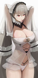 Rule 34 | 1girl, absurdres, arms up, azur lane, black choker, black sailor collar, bow, breasts, choker, clothing cutout, dress, feather dress, formidable (azur lane), formidable (timeless classics) (azur lane), hair ornament, highres, large breasts, long hair, looking at viewer, navel cutout, official alternate costume, red eyes, ribbon, sailor collar, shakabrah, solo, thighs, twintails, two-tone ribbon, underwear, veil, very long hair, white dress