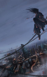 Rule 34 | 1boy, artist name, blurry, chinese clothes, city, city lights, cityscape, dated, depth of field, dutch angle, enki (juuni kokuki), floating hair, fog, jewelry, juuni kokuki, knee up, layered sleeves, long hair, long sleeves, male focus, necklace, night, night sky, outdoors, pants, power lines, qingjiu, shoes, short over long sleeves, short sleeves, sitting, sky, solo, traditional media, wind