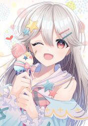 Rule 34 | 1girl, :d, blush, commission, food, frilled sleeves, frills, grey hair, hair ornament, hairclip, hashtag, heart, highres, ice cream, ice cream cone, long hair, long sleeves, looking at viewer, lvetica, off-shoulder shirt, off shoulder, one eye closed, open mouth, original, pink eyes, plaid, plaid shirt, ribbon, shirt, smile, solo, star (symbol), star hair ornament, triple scoop, watermark