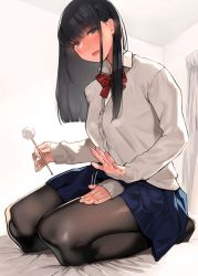 Rule 34 | 1girl, absurdres, black hair, blue eyes, blue skirt, blush, cardigan, collared shirt, highres, holding, indoors, lap pillow invitation, long hair, looking at viewer, mimikaki, on bed, open mouth, original, pantyhose, patting lap, pleated skirt, school uniform, seiza, shirt, sidelocks, sitting, skirt, sleeves past wrists, smile, solo, thighs, white shirt, yomu (sgt epper)