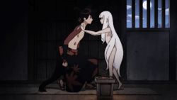 Rule 34 | 1boy, 1girl, animated, animated gif, barefoot, clothed male nude female, eye contact, full body, indoors, katanagatari, long hair, looking at another, lowres, night, nude, shaking, togame, very long hair, white hair, yasuri shichika