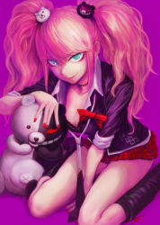 Rule 34 | 1girl, absurdres, bare legs, bear, bear hair ornament, blonde hair, blue eyes, boots, bow, breasts, cleavage, closed mouth, commentary request, danganronpa: trigger happy havoc, danganronpa (series), dot eyes, enoshima junko, evil grin, evil smile, fingernails, grin, hair ornament, hand on ground, hand on head, heterochromia, highres, kneeling, large breasts, laughing, long hair, looking at viewer, miniskirt, monokuma, nail polish, necktie, pink background, red eyes, red nails, red ribbon, red skirt, ribbon, school uniform, short sleeves, simple background, skirt, smile, spoilers, stdl, twintails