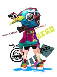 Rule 34 | 1girl, arms at sides, bike shorts, colorful, from behind, full body, helmet, highres, inkling, inkling (language), inkling girl, inkling player character, legs apart, multicolored clothes, multicolored footwear, nintendo, shoes, sneakers, solo, splatoon (series), splatoon 2, standing, tarai (silica5), white background