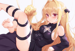Rule 34 | 1girl, armpits, bare shoulders, barefoot, belt, blonde hair, breasts, cleavage cutout, clothing cutout, detached sleeves, feet, hair intakes, hair ornament, highres, konjiki no yami, leg belt, legs up, long hair, long sleeves, looking at viewer, medium breasts, multiple belts, prehensile hair, reclining, red eyes, sidelocks, simple background, solo, to love-ru, to love-ru darkness, two side up, white background, zhaofeng yinyue
