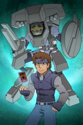 Rule 34 | 1boy, armor, brown hair, card, commission, crossover, denim, gloves, guilhermerm, headband, highres, jeans, looking at viewer, male focus, mask, metal gear (series), metal gear solid, nintendo, pants, persona, robot, short hair, solid snake, solo, super smash bros., tarot, the hermit (tarot), weapon