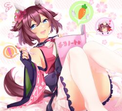 Rule 34 | !, 1girl, animal ears, blush, carrot, commentary request, detached sleeves, floral background, flower, hair between eyes, hair flower, hair ornament, headpat, highres, horse ears, horse girl, horse tail, looking at viewer, medium hair, notebook, open mouth, pen, ponzu (rrrritisu), ribbon, sakura chiyono o (umamusume), solo, tail, thighhighs, thighs, umamusume