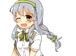 Rule 34 | 10s, 1girl, :d, ;d, bad id, bad pixiv id, blush, grey eyes, grey hair, hairband, kantai collection, koromoroko10, long hair, low-tied long hair, neck ribbon, one eye closed, open mouth, ribbon, smile, solo, suspenders, upper body, white background, yamagumo (kancolle)