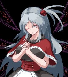 Rule 34 | 1girl, black background, capelet, closed mouth, grey eyes, grey hair, long hair, looking at viewer, multiple wings, nukekip, one eye closed, one side up, own hands clasped, own hands together, pixel art, red capelet, shinki (touhou), simple background, solo, touhou, touhou (pc-98), upper body, wings
